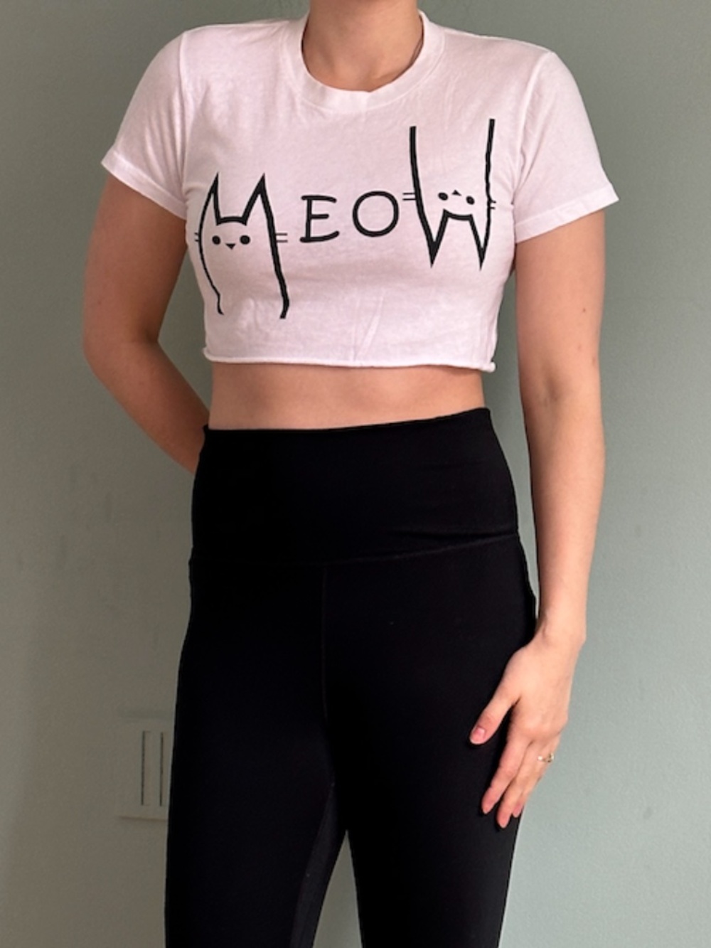 White 100% Cotton Crop Top That Spells Meow (Size Small)